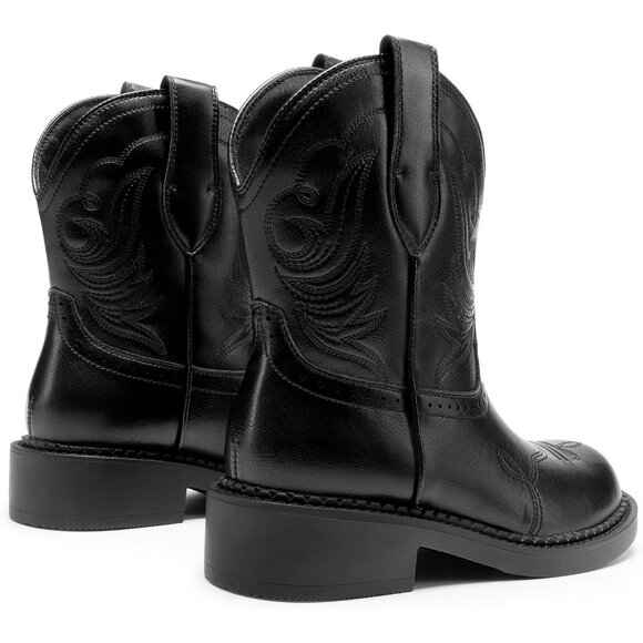 Women's Cowgirl Boots Round Toe Embroidered Mid Calf Western Boots Concert Black - Picture 5 of 7